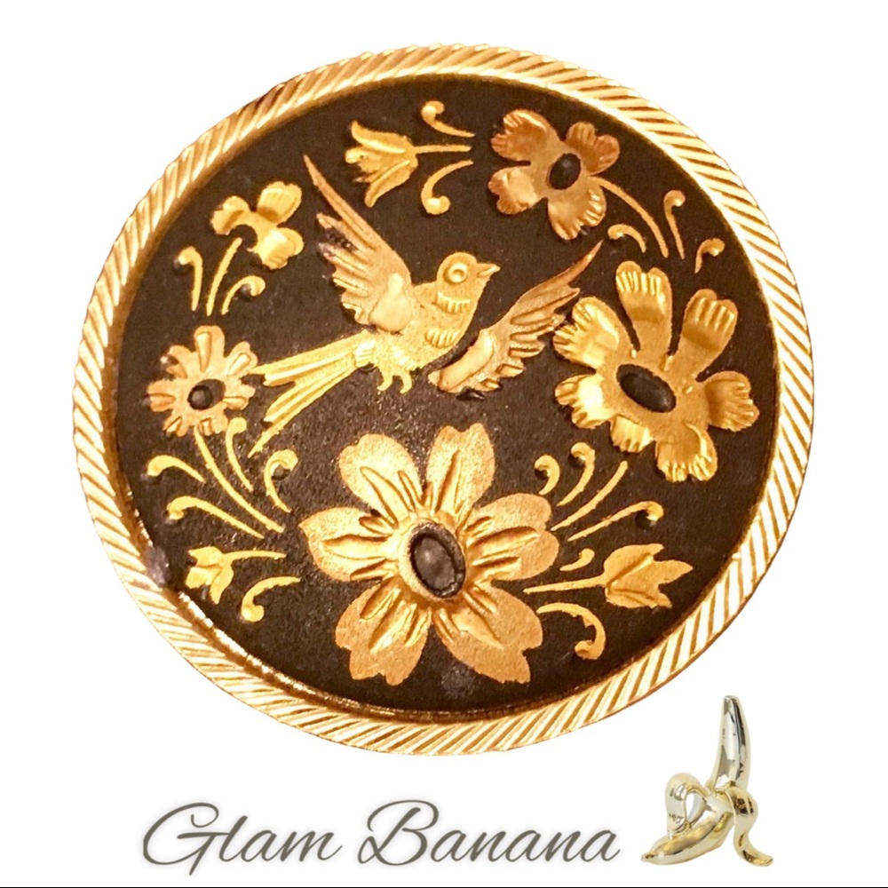 Vintage Damascene Brooch. Bird and Flowers.
